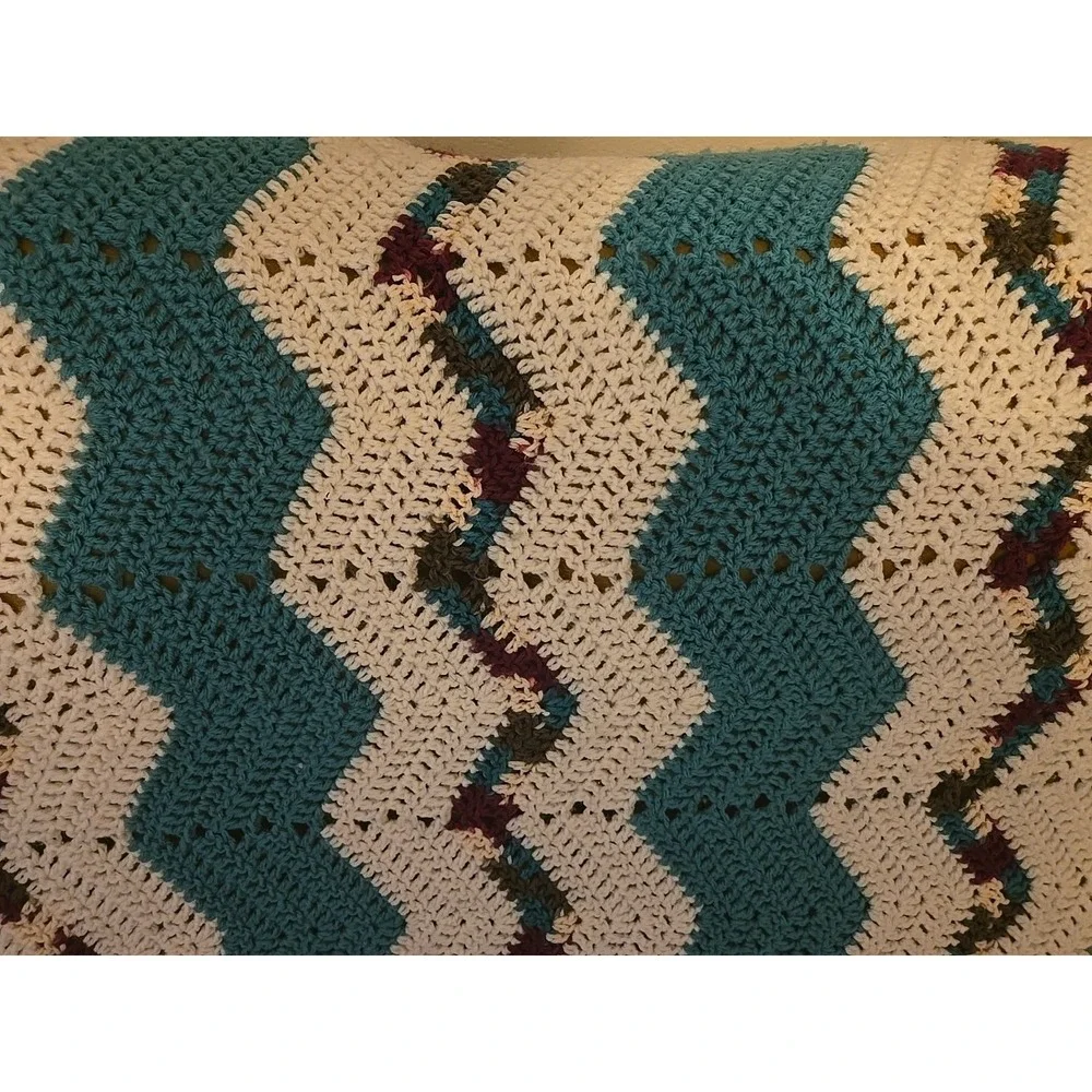 VTG 70s Crochet Afghan Blanket Turquoise White Burgundy Chevron Boho MCM 67x57